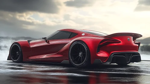 Sleek red supercar glows on wet asphalt after rainfall.