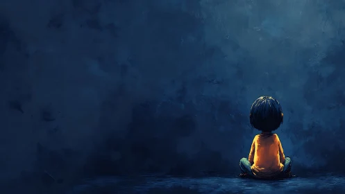 Digital painting of solitary child against vast blue wall.
