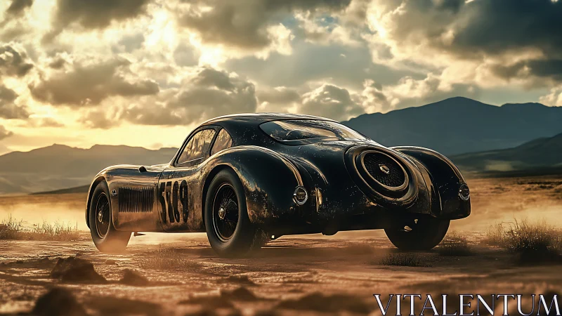 Vintage race car drives on dusty plain at sunset horizon.