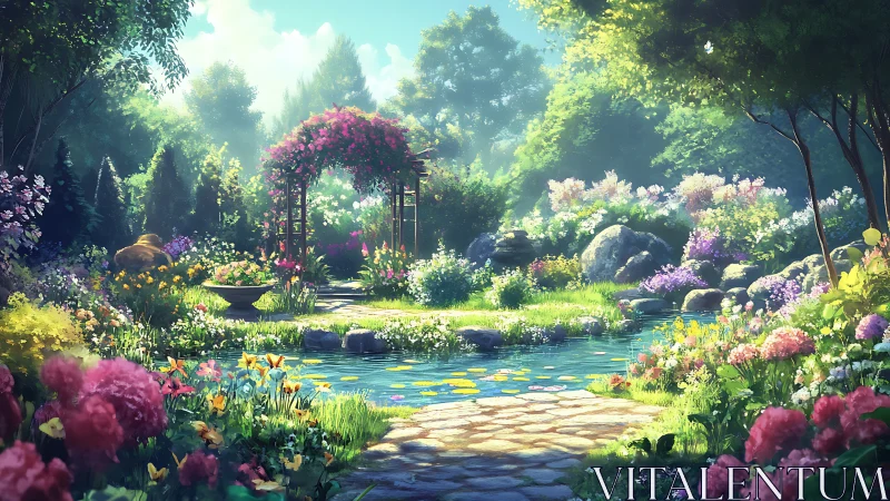 Sunlit flower garden with pond and arched trellis pathway.
