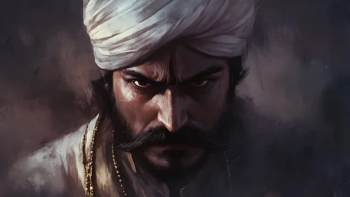 Storm-lit warrior portrait with turban and fierce gaze.