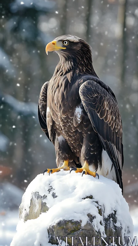 Regal brown eagle on snowcapped rock in gentle snowfall.