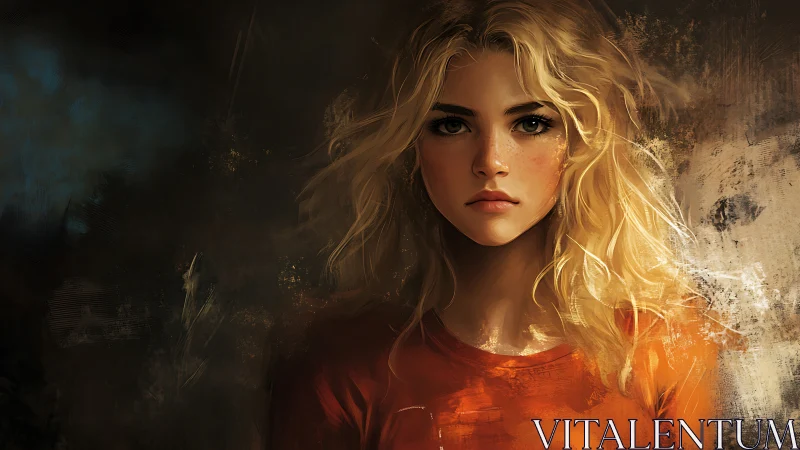 Blonde woman portrait in orange shirt against dark backdrop.