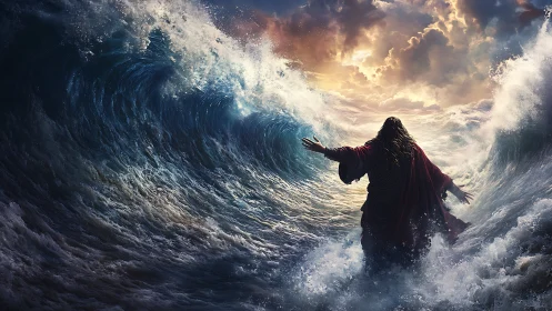 Hydrodynamic sea partition around robed figure under storm sky.