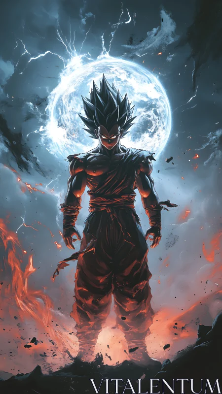 Warrior stands against cosmic storm in blazing ascension