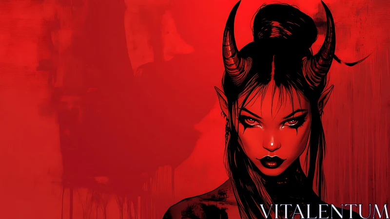 Horned female figure against flat red abstract background.