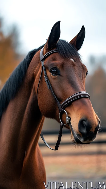 Chestnut horse portrait glows against soft autumn backdrop.