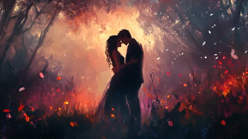 Romantic Couple Silhouette in Fiery Forest Path.