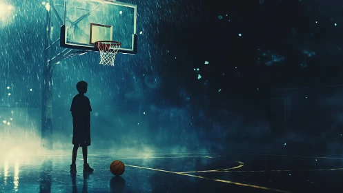 Silhouetted boy studies rainy basketball hoop under blue light