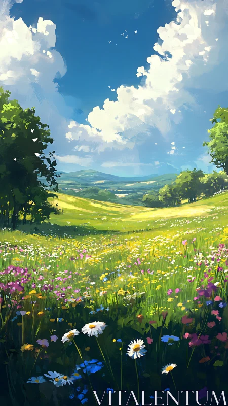 Wide wildflower meadow under deep blue sky with clouds.