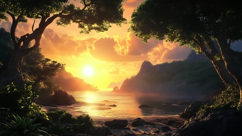 Sunlit tropical cove at dawn with glowing misty horizon.