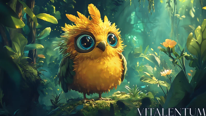 Adorable fluffy yellow bird with big eyes in magical forest scene.
