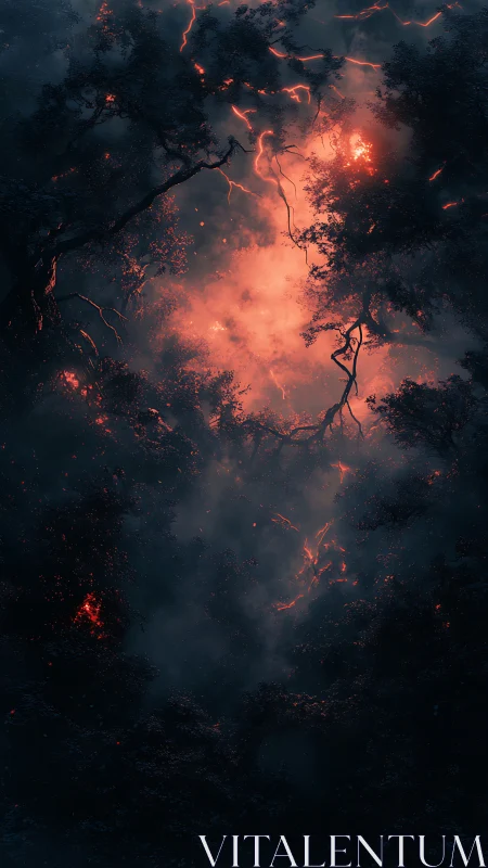 Wildfire Cataclysm: Nocturnal Forest Inferno with Burning Tree Silhouettes.