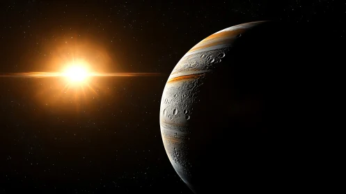 Alien gas giant drifts in shadow as distant sun flares.