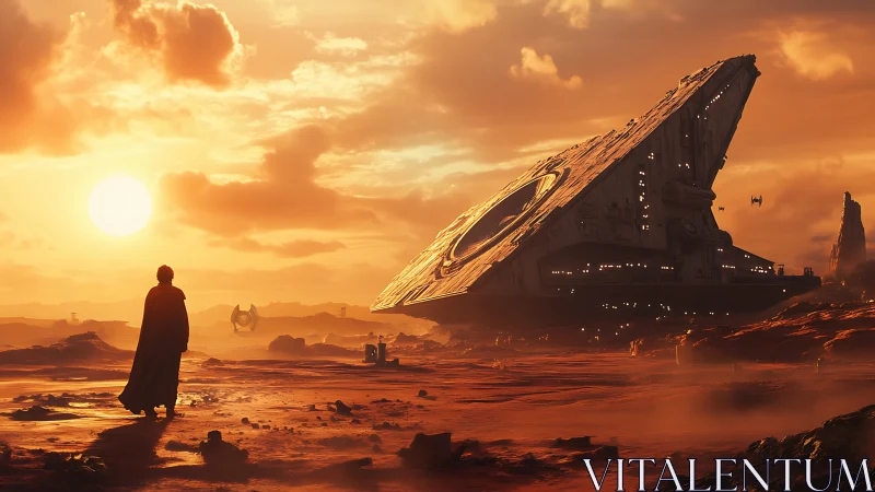 Desert wanderer studies crashed star destroyer at sunset.