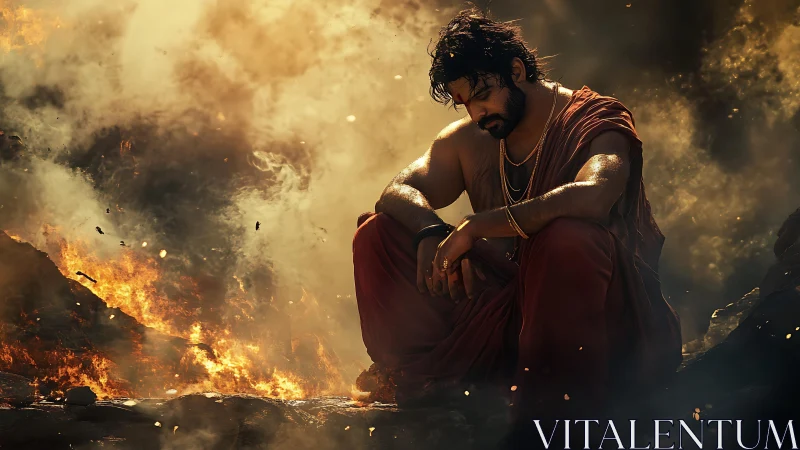 Warrior sage kneels amid roaring inferno and swirling ash.