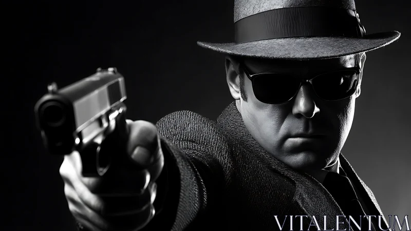 Noir hitman in fedora aiming pistol toward viewer.