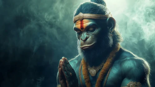 Divine simian warrior in meditative, smoke-veiled stillness.