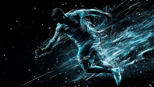Electric motion of a sprinting footballer in neon shards.