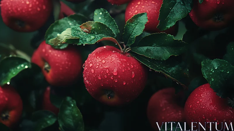Red apples on tree branches with rain droplets at close range.