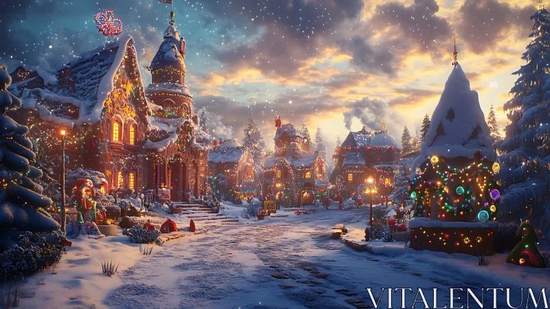Snow-covered village street with dense holiday lighting display.