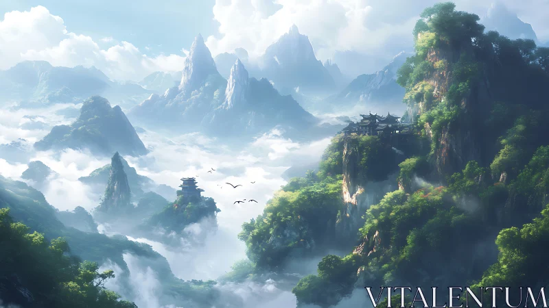 Misty mountain temples rise above dense clouds and forest.