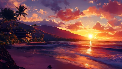 Tropical shoreline sunset with vivid reflective surf glow.