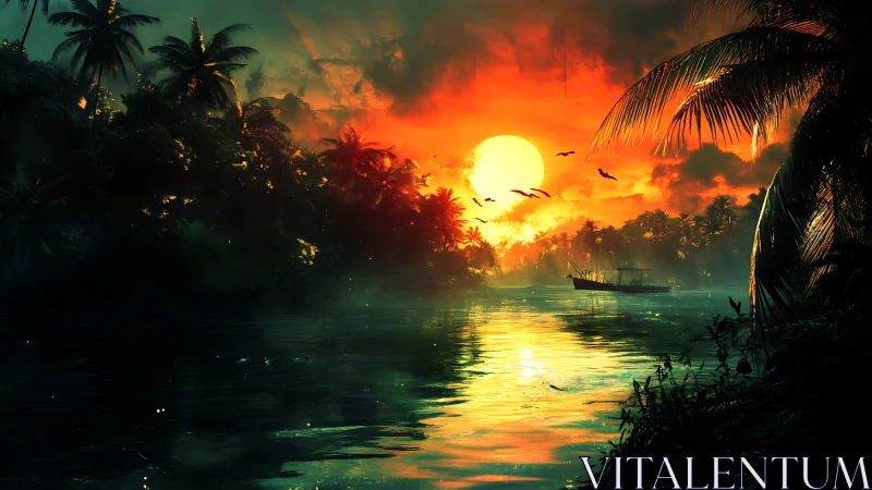 Tropical river sunset ignites sky with vivid fiery light.