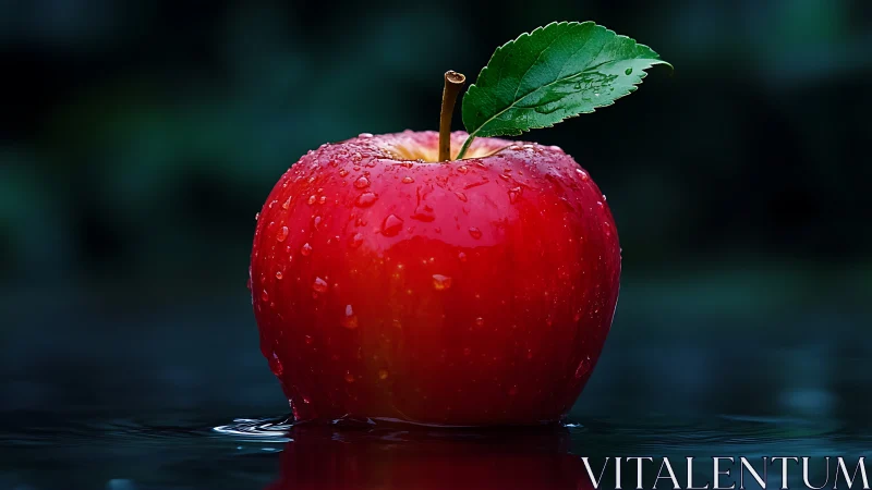 Red apple with leaf resting on reflective wet surface.
