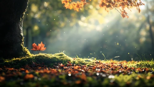 Golden autumn light bathes a single fallen maple leaf