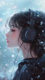 Girl in winter headphones drifts into a soft musical daydream