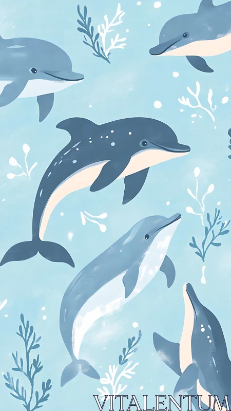 Playful dolphins drifting through soft pastel seas.
