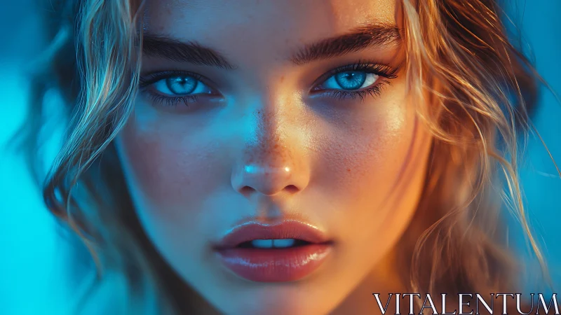 Digital portrait of young woman with intense blue eyes.