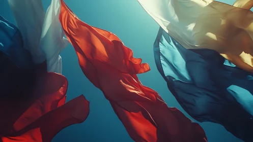 Colorful fabric flags waving against clear blue sky.