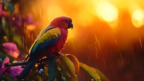 Vibrant parrot in rain on branch at sunset, dramatic nature style.