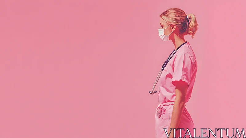Female nurse in pink scrubs with mask, modern minimalist style.