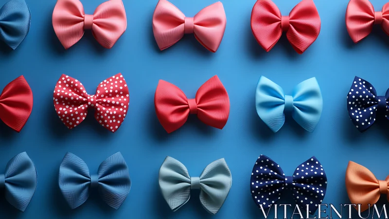 Colored bow ties arranged in a regular grid on blue surface.