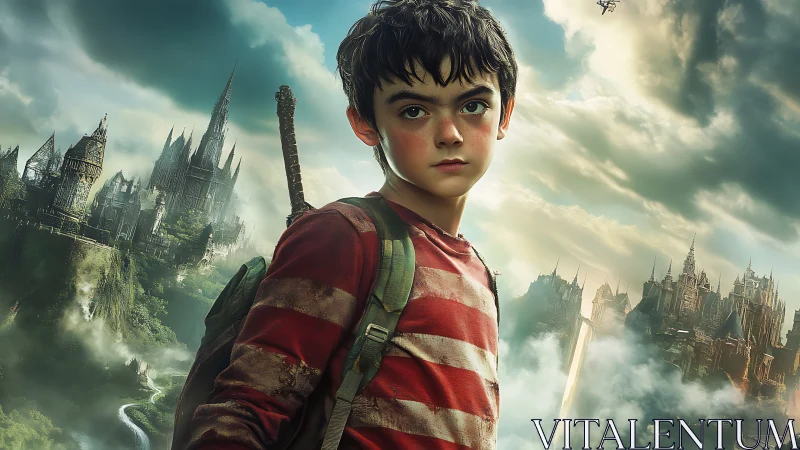 Young boy stands before dual fantasy citadel landscapes