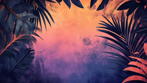 Tropical leaves frame vivid sunset gradient sky backdrop.