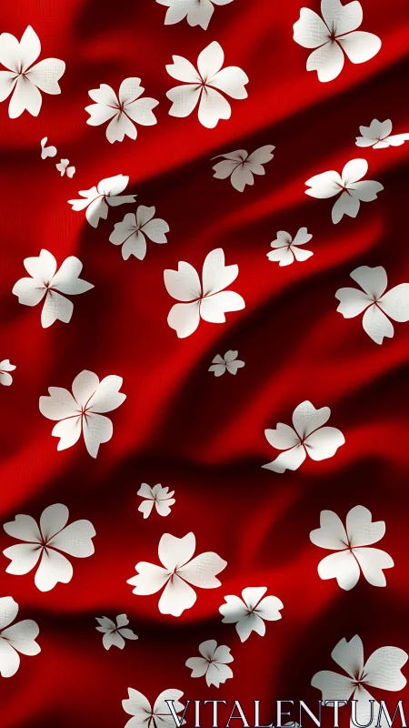 Five-Petaled Blooms Dance on Crimson Silk Waves.