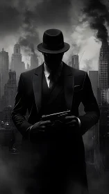 Noir hitman silhouette with pistol in smoke filled cityscape