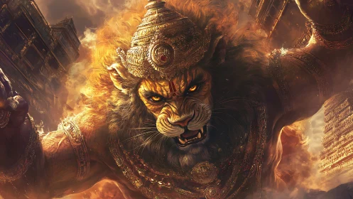 Lion-headed god erupts in molten gold and temple thunder.