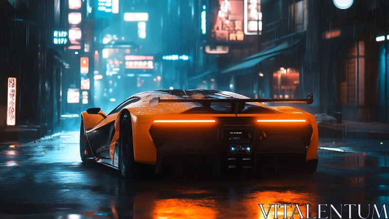 Orange hypercar glows through neon rain-soaked city streets.