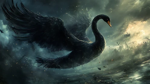 Stormborne black swan cutting through apocalyptic twilight skies.