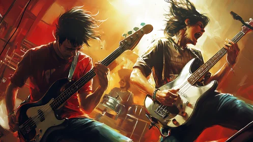 Dynamic rock trio mid-performance in high-energy stage lighting