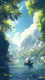 Solitary fisherman in narrow river valley under bright sky.