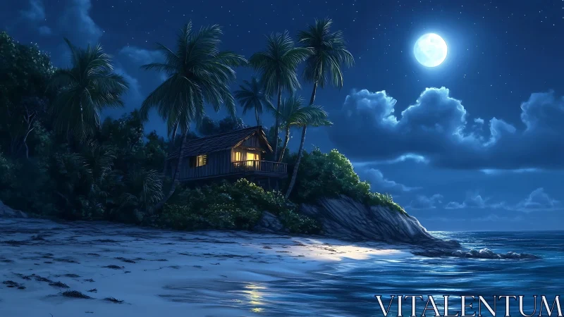 Tropical House on Moonlit Island at Night