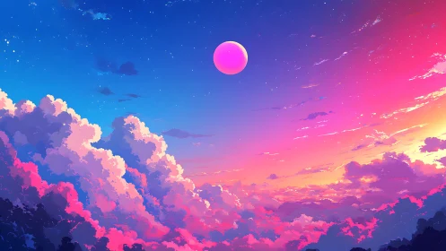Cotton candy nebula clouds under a glowing pink moon.