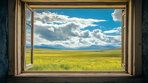 Open wooden window framing wide meadow and distant mountains.