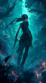 Elf ranger stalks glowing embers in deep teal forest.